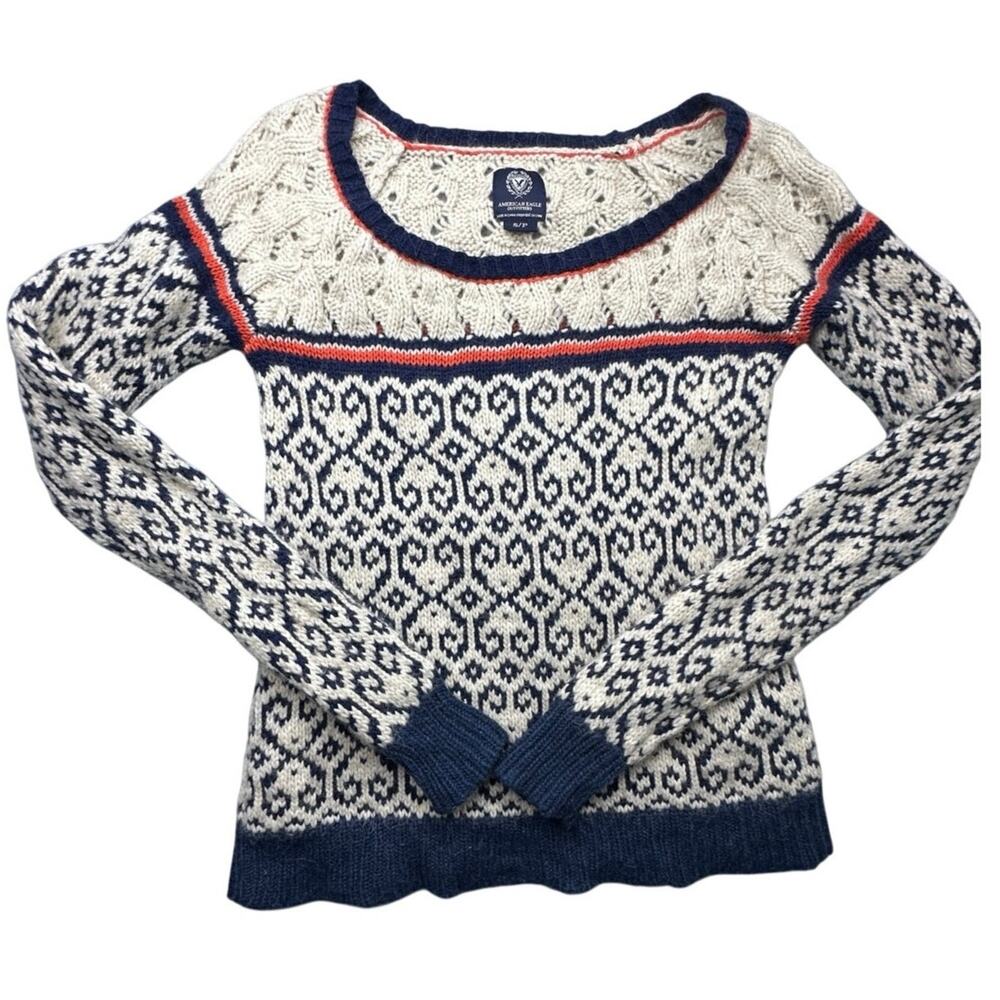 American Eagle Fair Isle Heart Cable Yoke Scoop Neck Sweater S